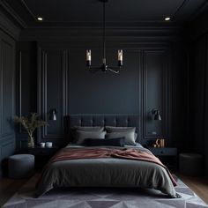 A bedroom with deep, dark walls in charcoal or navy, rich velvet textiles, and low lighting, creating a moody, cozy, and luxurious retreat for rest and relaxation. Moody Nightstand, Dark Royal Bedroom, Turret Bedroom, Moody Bedroom Colors, Dark And Moody Bed Frame, Dark Luxury Bedroom, Moody Bedroom Design, Moody Men’s Bedroom, Dark Men’s Bedroom