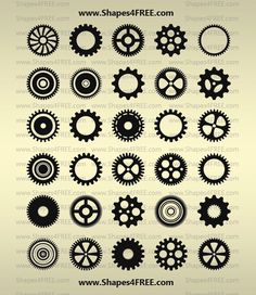 the silhouettes of different gears and wheels are shown in black on a beige background