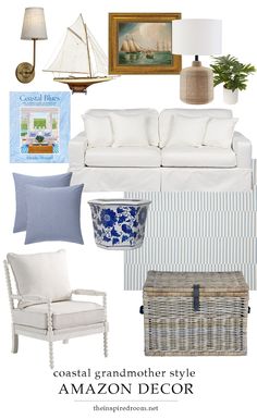 a living room with white furniture and blue accents, including a couch, chair, ottoman,