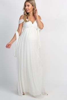 White Chiffon Cold Shoulder Maternity Evening Gown Maternity Evening Gowns, Gender Reveal Dress, Maternity Wedding Dress, Maternity Evening, Maternity Wedding, Pregnant Wedding Dress, Maternity Dresses For Photoshoot, Maternity Gowns, Photoshoot Dress