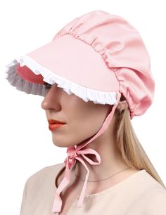 PRICES MAY VARY. Includes: 1* bonnet, available in pink/black/red/blue/white, decorated with delicate lace trim, it goes perfectly with colonial period dress and adds a touch of authenticity to any outfit. Material: Made of polyester material, which is good elasticity, strong and durable, not easy to deform, and cost-effective. Size: One size fits most women, tied with a ribbon, easy to adjust. Scenarios: great for medieval peasant cosplay, maid cosplay, victorian costumes, tea parties, renaissa Adjustable Costume Bonnet, Adjustable Pink Bonnet Hat, Adjustable Pink Bonnet, Pink Bonnet One Size Fits Most, Peasant Cosplay, Victorian Bonnet, Hat For Christmas, Medieval Peasant, Cosplay Maid