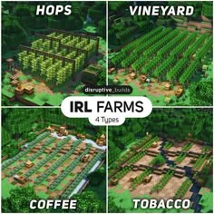 four different types of farm buildings in the middle of trees and bushes, with text overlay