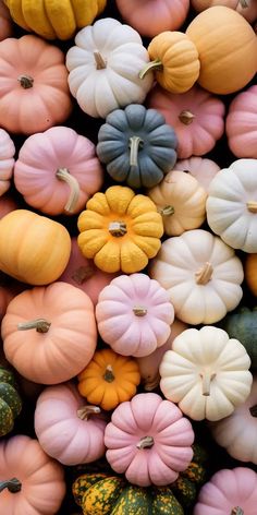 many different colored pumpkins are stacked together