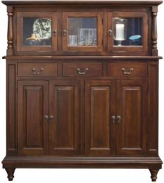 a wooden china cabinet with glass doors on the top and bottom drawers, in dark wood