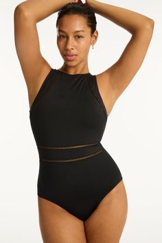 Eco Essentials High Neck One Piece - Eco Essentials Black - Sea Level Australia Stretch Nylon Bodysuit For Pool, High Stretch Lined Swimwear In Polyamide, High Stretch Polyamide Swimwear With Lined Body, Modern Stretch Sleeveless Swimwear, Sporty Fitted Mesh Swimwear, High-stretch Polyamide Swimwear For Beachwear, Poolside Stretch Polyamide Bodysuit, High Stretch Polyamide Swimwear For Beachwear, Sporty Stretch Swimwear In Polyamide