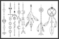 a line drawing of dream catchers hanging from the ceiling with beads and feathers on them