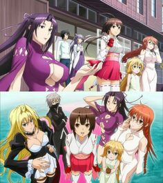 an anime scene with many different women and men in the same group, one is holding a