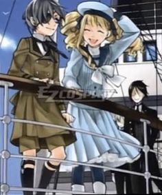 two people standing on the deck of a ship, one is wearing a sailor's uniform