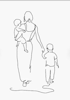 a black and white drawing of a woman holding the hand of a small child while standing next to her