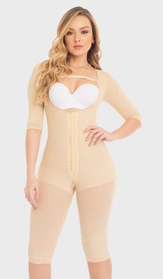 F0074 - KNEE-LENGTH FAJA WITH SLEEVES (6757412896944) Beige Fitted Underbust Shapewear, Fitted Beige Shapewear Bodysuit, Beige Fitted Shapewear Bodysuit, Fitted Beige Shapewear, Colombian Jeans, Best Jeans, Body Shapers, Beige Color, Shapewear