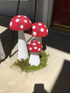 three mushrooms sitting on the ground in front of a door