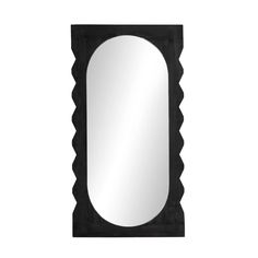 an oval mirror with scalloped edges on a white background, it is black