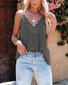 grey lace trimmed camis grey spaghetti strap cami tank tops for ladies lace flower patchwork sleeveless shirts #cami #camisole #camitop #flowers #flower #sleeveless #shirts Flower Patchwork, Leopard Print Cami, Lace Camisole Top, V Top, Layered Cami, Tops For Ladies, Lace Trim Cami, Lace Peplum, Black Camis