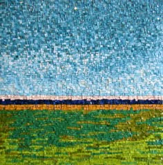 an abstract painting with blue, green and yellow squares on the bottom half of it