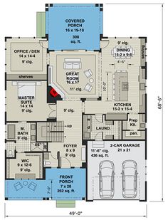 the floor plan for this modern home shows two car garages and an attached living area