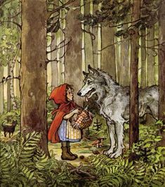 the little red riding hood is looking at an animal in the woods, while another wolf looks on