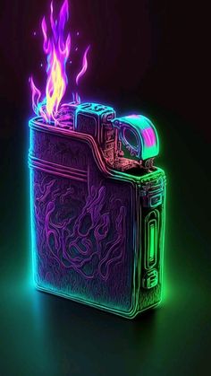 a lit up lighter sitting on top of a green and purple background with flames coming out of it