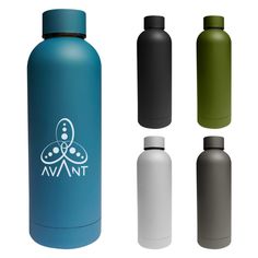 four different colors of water bottles with the logo avant on one side and an image of a butterfly on the other