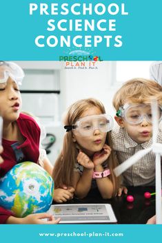 three children wearing goggles looking at an object in front of them with the words preschool science