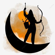 the silhouette of a woman with an arrow and bow on top of a crescent moon