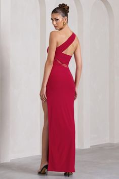 Maxi Dresses Black-Tie & Party Maxi Dresses – Club L London - USA One Shoulder Maxi Dress With Cutout, Asymmetrical Neckline Maxi Dress With Cutout For Party, Stretch Dress With Cutout And Asymmetrical Neckline, One Shoulder Stretch Maxi Dress With Side Slits, Red Maxi Dress With Side Slits For Night Out, Stretch One-shoulder Maxi Dress With Side Slits, One-shoulder Elastane Maxi Dress, Shoulder Piece, Red Maxi Dress