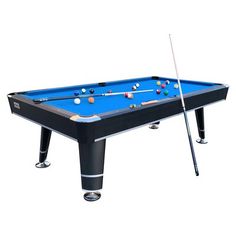 a blue pool table with two cues and balls on the top, in front of a white background