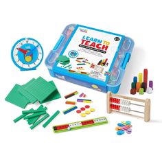 an assortment of learning toys including pencils, markers and rulers