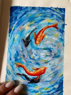 a painting of two orange and black koi fish