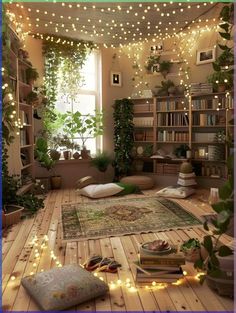 a room filled with lots of plants and books on the floor next to a window