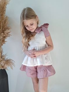 Linen set of top and shorts. Convenient children's clothing made of 100% Linen. A comfy top  and ruffle shorts are the perfect clothing for your girls summer walks. This is a completely unique product, handmade. In the create of children's clothing, I use only natural materials of 100% flax and coconut buttons. If any questions arise, contact me. Color may differ slightly, this is due to different monitor settings. Summer Casual Sets With Ruffle Hem, Casual Summer Sets With Ruffle Hem, Cotton Bloomers With Ruffle Hem For Summer, Cute Sets With Ruffle Hem For Summer, Cute Ruffle Hem Summer Sets, Cute Summer Sets With Ruffle Hem, Summer Ruffle Set With Shorts, Linen Beach Sets With Shorts, Linen Beach Sets In Short Style