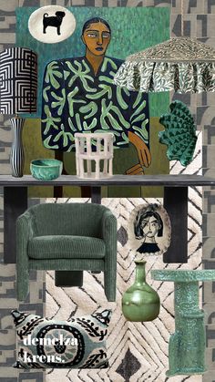 a collage of green and black furniture in an art deco style, including a chair