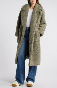 A cozy statement piece, this double-breasted faux-shearling coat offers lightweight warmth with on-trend style. 45 1/2" regular length (size Medium) Double-breasted button closure Notched lapels Front welt pockets Lined 100% polyester faux shearling Dry clean Imported Sherpa Coats For Women, Trendy Green Oversized Sweater Coat, Olive Green Teddy Coat Outfit, Aesthetic Winter Coat, Oversized Cozy Green Sweater Coat, Snowy Winter Outfits, Sherpa Trench Coat, Winter Green Faux Fur Outerwear, Teddy Coat Outfit