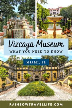 the gardens and fountains at villa museum in miami, florida with text overlay that reads