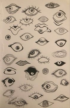 an image of many different types of eyeballs in black ink on white sheet paper