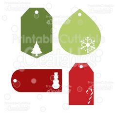 christmas tags with snowflakes and trees in the middle, set of three different colors