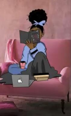 a woman sitting on top of a pink couch holding a laptop computer and drinking coffee