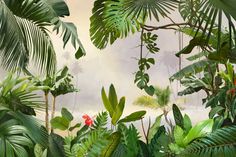 Tropical Paradise Wallpaper Mural-Wall Mural-Eazywallz Tropical Paradise Wallpaper, Tropical Mural, Boom Kunst, Paradise Wallpaper, Jungle Flowers, Palm Leaf Wallpaper, Door Murals, Jungle Wallpaper, Tropical Wallpaper