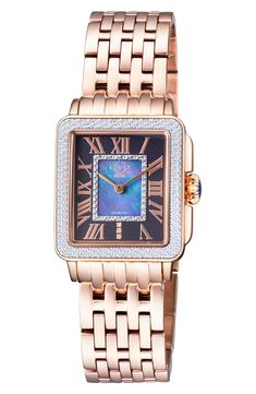 A diamond cut bezel inlay adds an illuminating edge to this classic bracelet watch. 30mm dial Stainless steel Black mother of pearl dial Swiss quartz movement Scratch resistant sapphire Deployant clasp Made in Switzerland Elegant Rectangular Rose Gold Diamond Watch, Elegant Rose Gold Rectangular Diamond Watch, Elegant Rectangular Diamond Watch With Metal Dial, Rose Gold Rectangular Watch With Metal Dial, Rectangular Rose Gold Watch With Metal Dial, Classic Bracelets, Diamond Guide, Quartz Bracelet, Square Watch