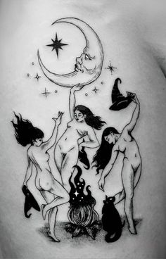 Witches dancing around an open fire underneath the moonlight . . . posting this just to save to my tattoo inspo board <33 (all credit belongs to the original artist!) Witches Dancing, Aesthetic Tattoo Ideas, Dance Tattoo, Witches Dance, Witch Tattoo, Fire Tattoo, Spooky Tattoos, My Tattoo, Open Fire