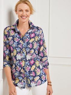 Our classic button front shirt. Made from lightweight, breathable cotton in a lush garden print. Tucked in or out, unbuttoned or buttoned. Features Button Front Long Sleeve Hits Below Hip Shirt Collar Curved hem Features a back yoke Imported Fit: Misses: 28 1/2"; Petite: 26 1/2"; Plus: 31"; Plus Petite: 29" Material: 100% Cotton Care: Machine Wash Cold; Only Non-Chlorine Bleach When Needed; Tumble Dry Low; Warm Iron, If Needed | Cotton Button Front Shirt - Lush Garden Talbots Garden Print, Classic Style Women, Lush Garden, Lovely Clothes, Shirt Dresses, Button Front Shirt, Shirt Collar, Modern Classic, Lush