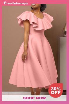 Pink Elegant Solid Patchwork Flounce O Neck Evening Dress Dresses Socialite Style, Party Gown Dress, Butterfly Sleeve Dress, Pink Fruit, Afrikaanse Mode, Ruched Maxi Dress, Dress Sleeve Length, Evening Dresses With Sleeves, White Dress Party