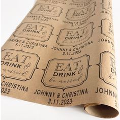 a close up of a paper wrapping with labels on it that say eat drink and drink