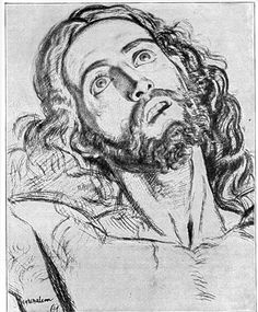 a black and white drawing of a man with long hair