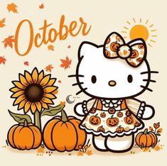 hello kitty is standing in front of pumpkins and sunflowers with the word october written on it