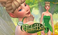 the tinker bell fairy is standing in front of a forest