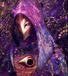 a painting of a woman with purple hair and an owl mask on her head, surrounded by bubbles