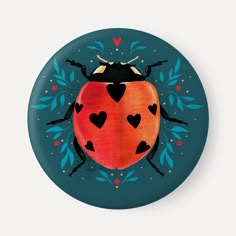 a ladybug painted on a blue background with hearts and leaves around it's edges