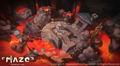 an animated image of a machine in the middle of a fire filled area with rocks and lava