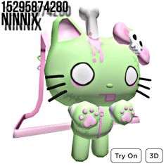 an animated kitty holding a pink bow and wearing a green outfit with white dots on it's chest