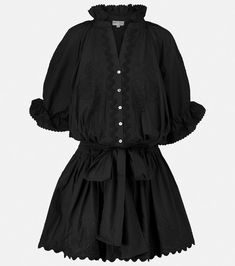 Embroidered cotton mini dress in black - Juliet Dunn | Mytheresa Juliet Dunn, Poplin Shirt Dress, Cotton Mini Dress, Cotton Shirt Dress, Cotton Poplin Shirt, Scalloped Trim, Intricate Embroidery, Black Shirt Dress, Poplin Shirt